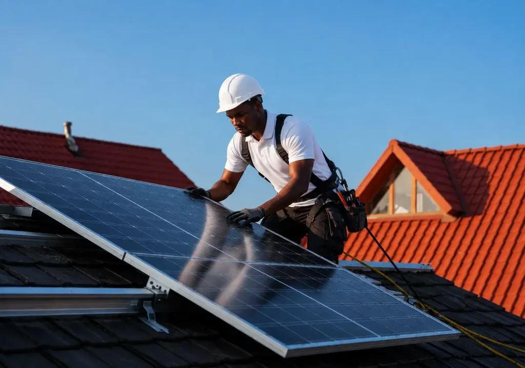 Technicien Sageer Caraïbes installant des panneaux solaires photovoltaïques sur une toiture en Martinique
