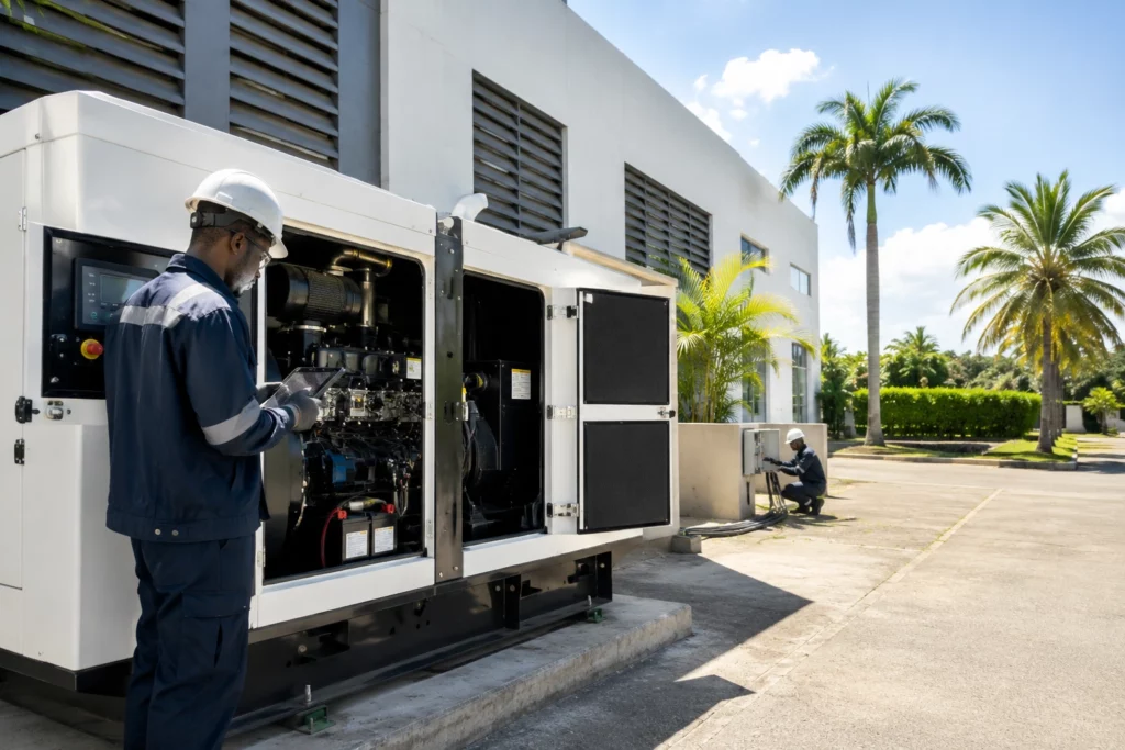 Technicien Sageer Caraïbes en intervention sur un groupe électrogène en Martinique